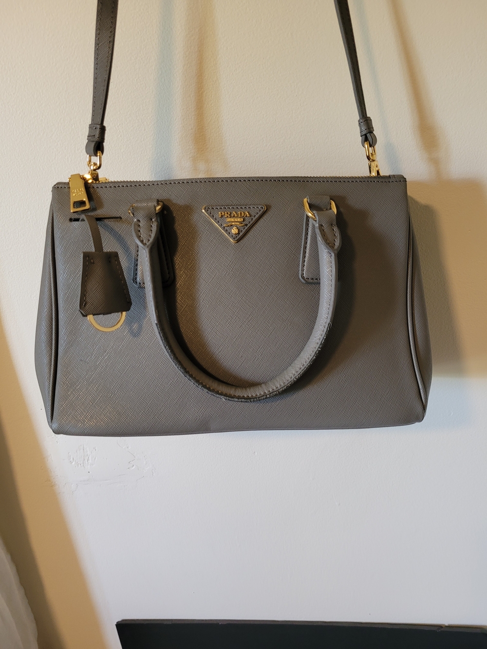 Prada Gray Saffiano Leather Satchel with Gold Accents